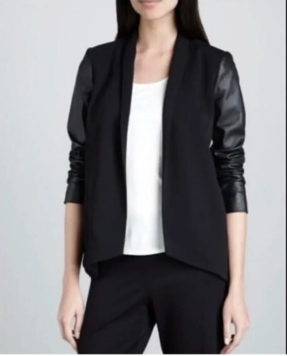 Eileen Fisher Open Front Blazer Jacket W/ Leather Sleeves in Black Size Medium